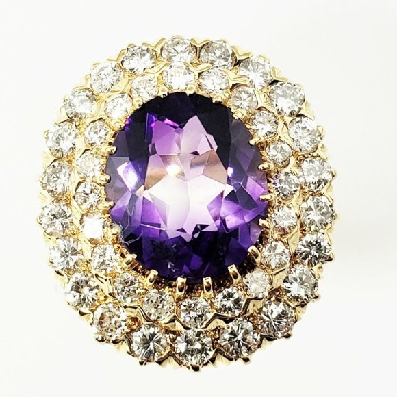 14 Karat Yellow Gold Amethyst and Diamond Ring - Picture 1 of 8